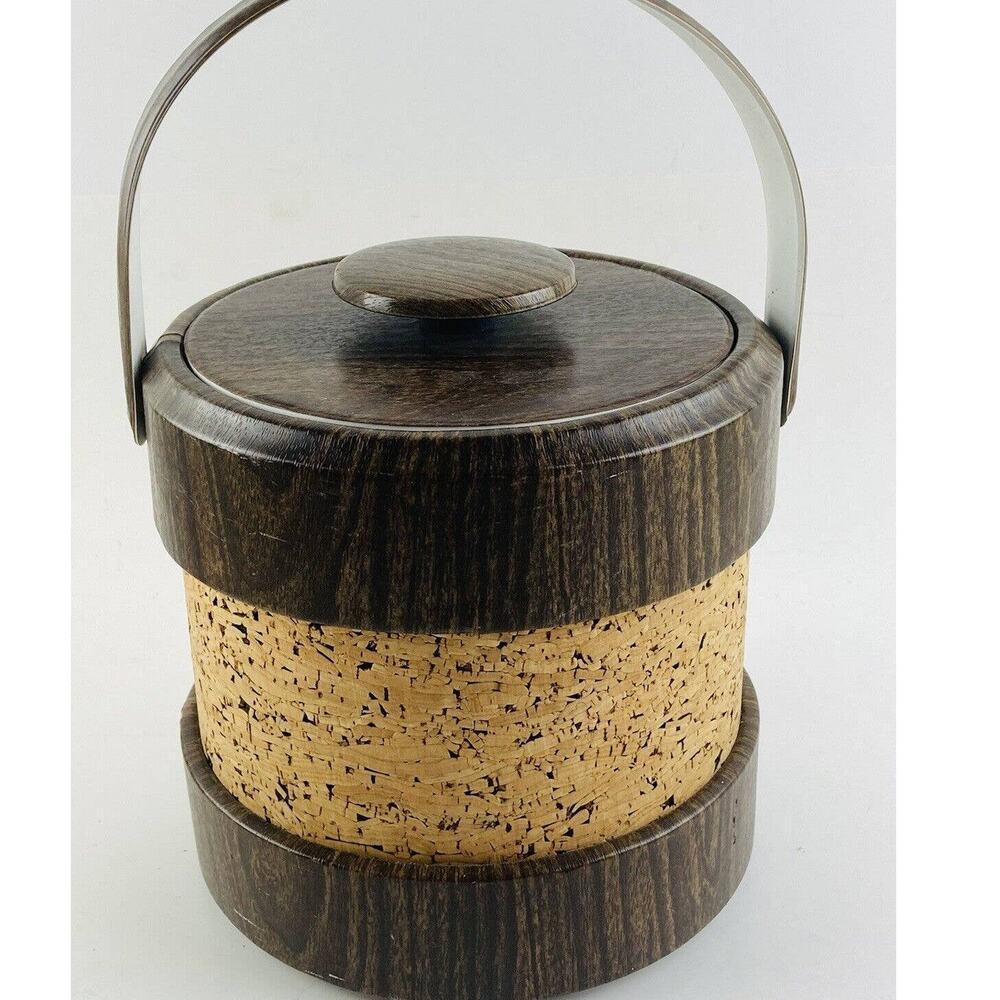 Vintage MCM Cork Wrapped Ice Bucket w Lid & Handle Faux Leather Mid Century Mod